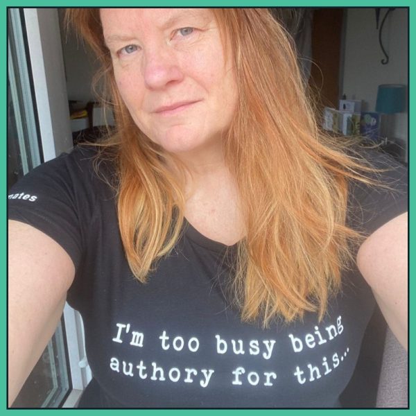 Alexa wearing an I’m too busy being authory for this… T-Shirt in black