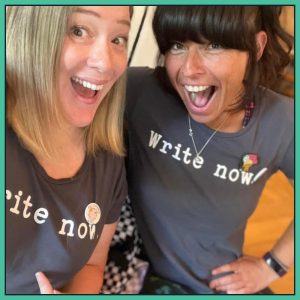Two smiling women wearing Write Now T-Shirts