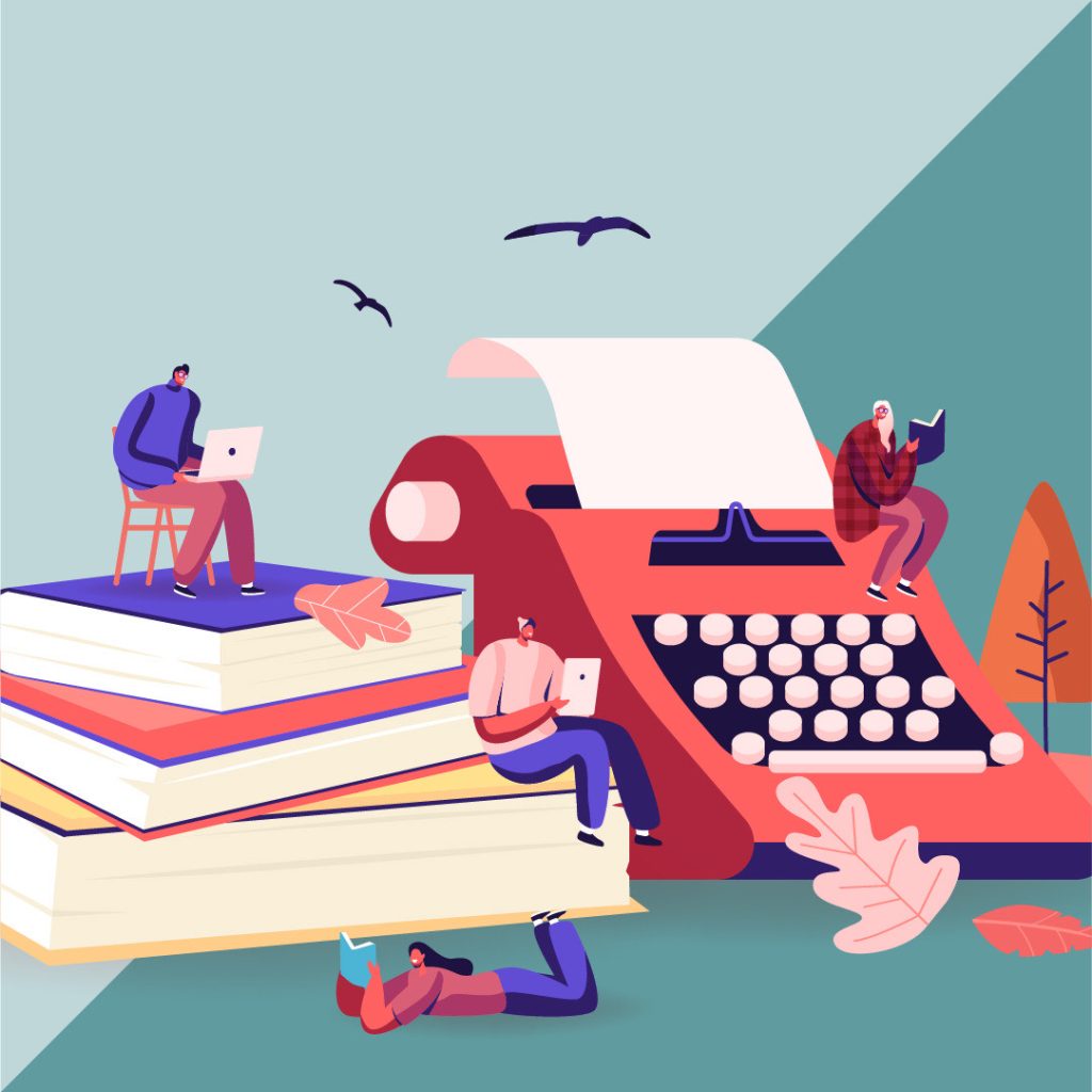 A cartoon of a large typewritter and pile of books, there are little people sitting on them writing.